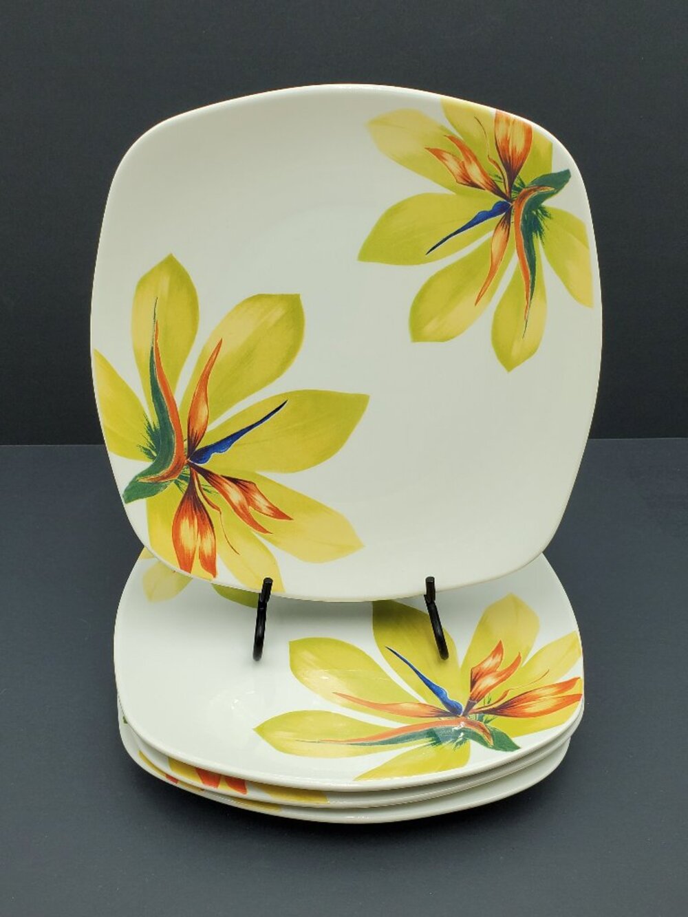 Pagnossin Floral Dinner Plates Italian Square Bird of Paradise Luncheon Plates